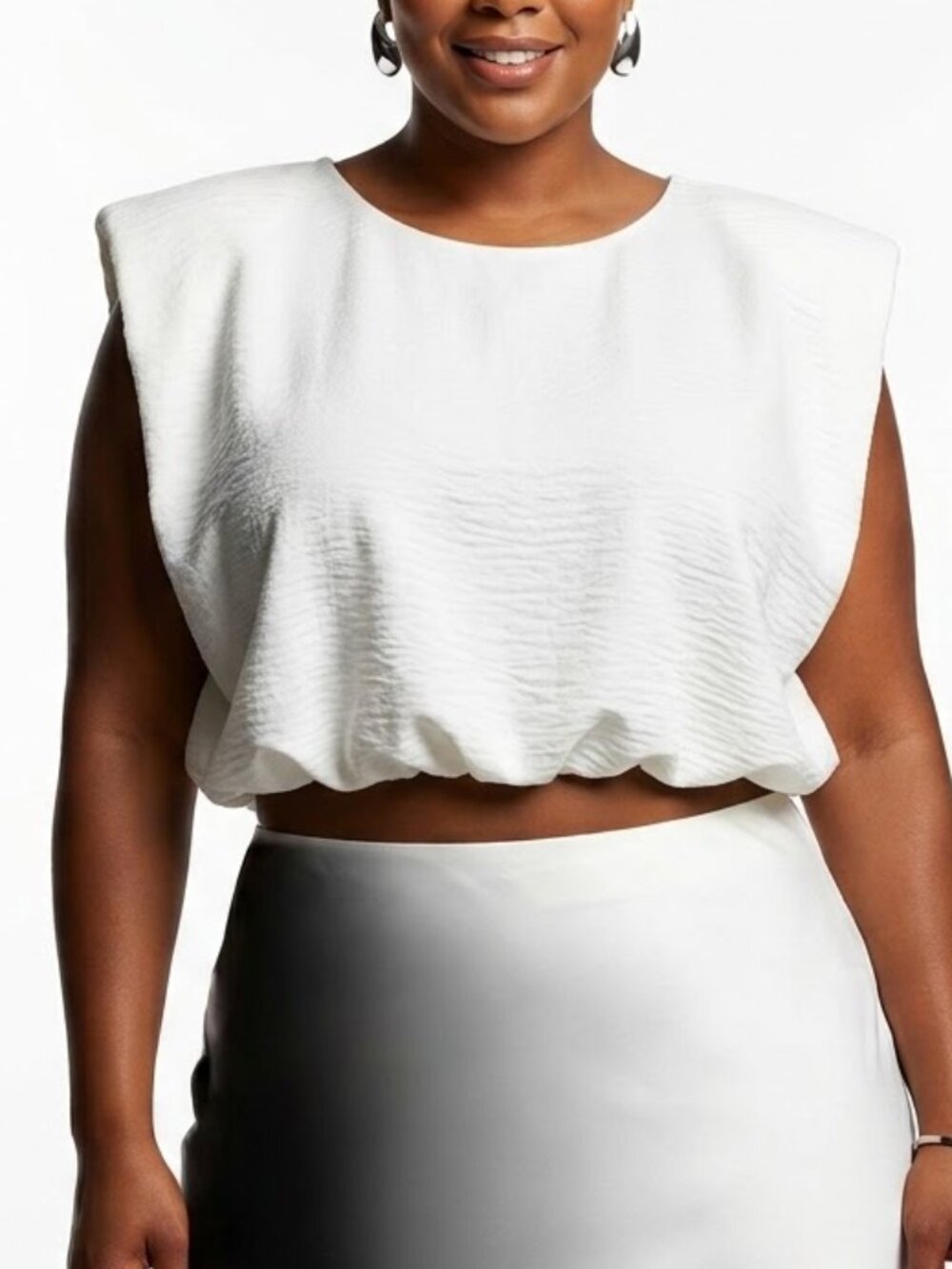 Emerson Lang Avant Garde Puffy Cropped Blouse Cream White XL Bubble Hem Tie Back
